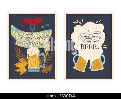 Beer festival vector ornate card set. Poster collection with ornate illustrations. Oktoberfest detailed colored card with lettering quote. Two beer or not two beer. Stock Vector