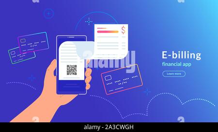 E-billing after payment by credit card via electronic wallet. Vector gradient illustration of human hand holding smartphone with electronic bill notif Stock Vector
