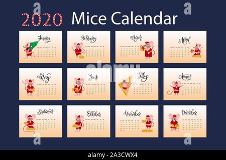 New Year 2020 calendar. Flat vector set of little cartoon mouse. Merry Christmas and Happy new year mice collection. Stock Vector