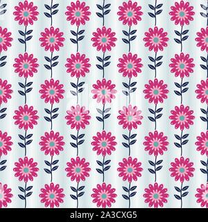 Seamless vector flower pattern in folk art style with striped background.  Stock Vector