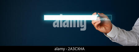 Male hand drawing a loading chart with glowing stylus pen on virtual interface. Over navy blue background. Stock Photo