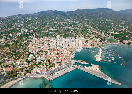 Aerial view of the town and harbour of Aegina, on the island of Aegina in the Saronic Gulf near Athens,, Greece Stock Photo