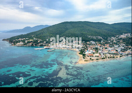 Aerial view of the town and harbour of Skala, on the island of Agistri, in the Saronic Gulf near Athens, Greece Stock Photo