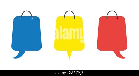 Vector icon set of shopping bags with speech bubbles. Flat color style. Stock Vector