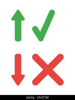 Vector icon set of arrow up and down with check mark and x mark. Flat color style. Stock Vector