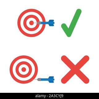 Vector icon set of bulls eye. Hit the target and miss the target with check mark and x mark. Flat color style. Stock Vector