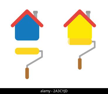 Vector icon set of painting house with paint roller brush. Flat color style. Stock Vector