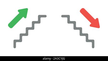 Vector icon set of stairs with arrow up and down. Flat color style. Stock Vector