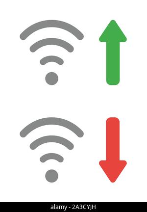 Vector icon set of wireless wifi symbols with arrow moving up and down. Flat color style. Stock Vector