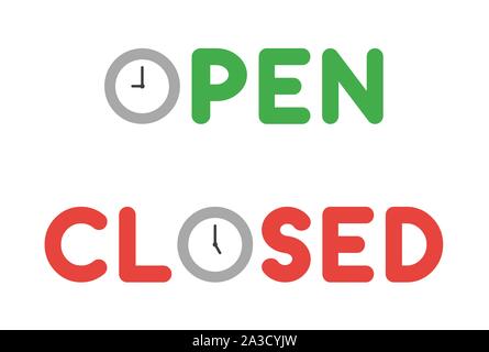 Vector icon set of open and closed texts with clock. Flat color style. Stock Vector