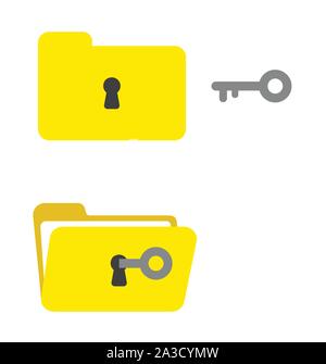 Vector icon set of closed and opened file folders with keyhole and key. Flat color style. Stock Vector