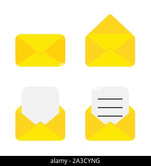 Vector icon set of envelope. Closed, opened, empty and with blank and written papers. Flat color style. Stock Vector