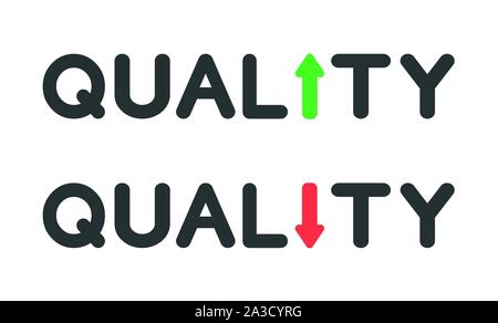 Vector icon set of quality word with arrow moving up and down. Flat color style. Stock Vector