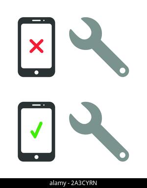 Vector icon set of repair smartphone with spanner. Flat color style. Stock Vector