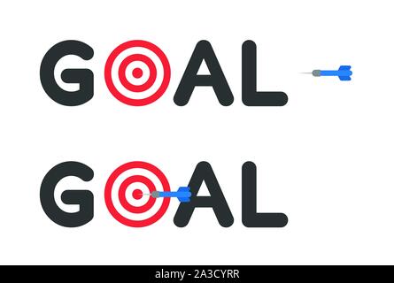Vector icon set of goal text with bulls eye and dart hit the target. Flat color style. Stock Vector