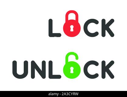 Vector icon set of lock and unlock texts with closed and opened padlocks. Flat color style. Stock Vector
