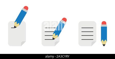 Vector icon set of pencil writing on paper. Flat color style. Stock Vector