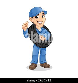 Mechanic Man Carrying The Tire with a Thumbs Up Hand in The Other Hand for Service, Repair or Maintenance Mascot Concept Cartoon Character Design. Stock Vector