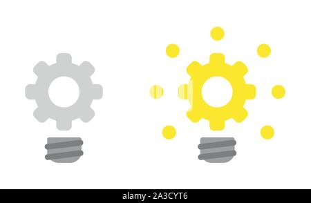 Vector icon set of gear light bulb, grey and glowing. Flat color style. Stock Vector