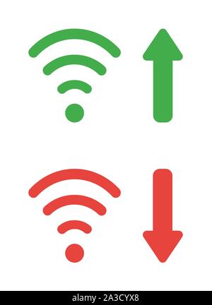 Vector icon set of wireless wifi symbols with arrow moving up and down. Flat color style. Stock Vector