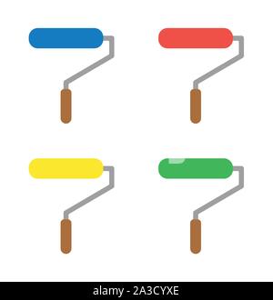 Vector icon set of paint roller brushes. Flat color style. Stock Vector