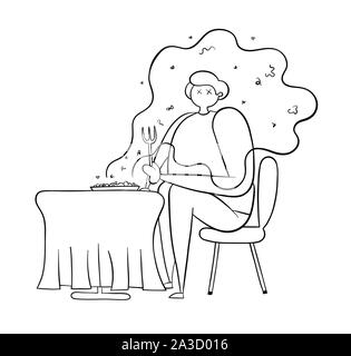 The food ordered in the restaurant smells very bad. Vector illustration. Black outlines and white background. Stock Vector