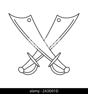 Line art black and white crossed scimitars. Medieval festival props. Fairy tale theme vector illustration for icon, stamp, label, certificate, gift ca Stock Vector