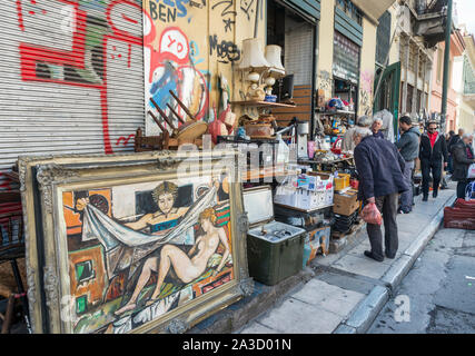 The antiques and bric-a-brac market on Ermou street at Monastiraki, in the centre of Athens, Greece Stock Photo