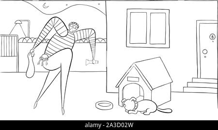 At night the dog is sleeping and the thief is trying to enter the house by walking on his toes. Vector illustration. Black outlines and white backgrou Stock Vector