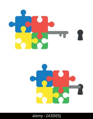 Vector icon set of connected puzzle pieces key and keyhole. Flat color style. Stock Vector