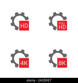 HD Full HD 4K 8K format icons. Gear sign icon set, Vector Stock Vector