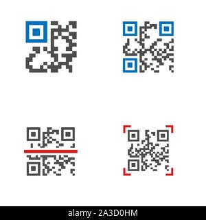 QR code icon set. Trademark for a type of matrix barcode, machine-readable optical label that contains information about the item to which it is attac Stock Vector