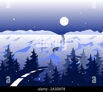 Vector winter Background with road and snowy valley with trees. The arctic landscape with mountains in the horizon with the beautiful moon Stock Vector