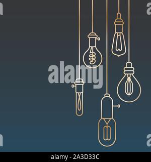 Card template with retro stylized linear electric bulbs Stock Vector