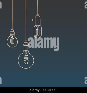 Card template with retro stylized linear electric bulbs Stock Vector