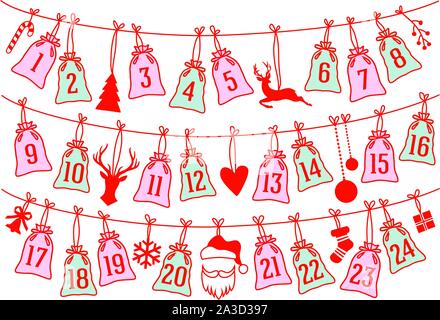 Advent calendar with Christmas bags, stocking, Santa Claus and reindeer, set of vector design elements Stock Vector