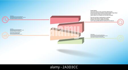 3D illustration infographic template. The embossed cube is randomly divided to four shifted color parts. Object is arranged on blue white background. Stock Vector