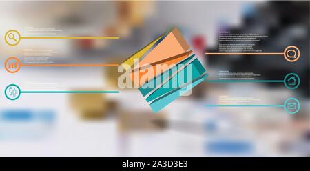 3D illustration infographic template. The embossed cube is randomly divided to six color parts. Object is askew arranged on blurred photo. Lines with Stock Vector