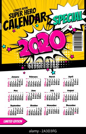 2020 colored calendar pop art vector style Stock Vector
