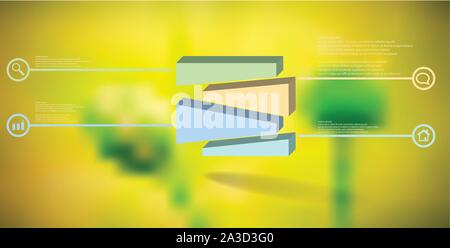 3D illustration infographic template. The embossed cube is randomly divided to four shifted color parts. Object is arranged on blurred photo. Lines wi Stock Vector