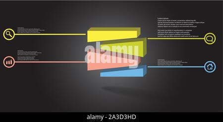 3D illustration infographic template. The embossed cube is randomly divided to four shifted color parts. Object is arranged on grey black background. Stock Vector