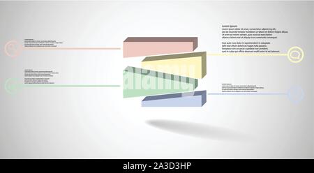 3D illustration infographic template. The embossed cube is randomly divided to four shifted color parts. Object is arranged on grey white background. Stock Vector