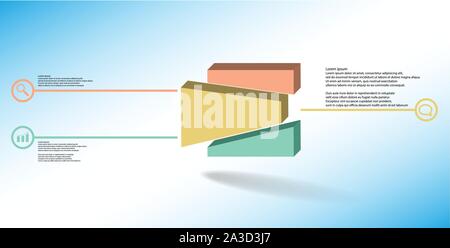 3D illustration infographic template. The embossed cube is randomly divided to three shifted color parts. Object is arranged on blue white background. Stock Vector