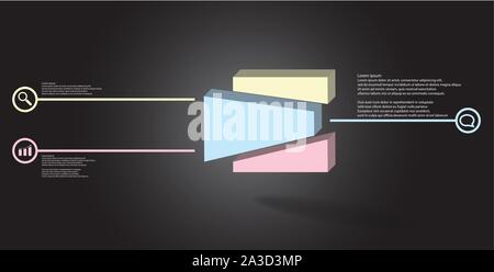 3D illustration infographic template. The embossed cube is randomly divided to three shifted color parts. Object is arranged on grey black background. Stock Vector