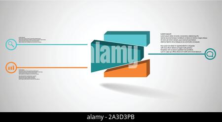 3D illustration infographic template. The embossed cube is randomly divided to three shifted color parts. Object is arranged on grey white background. Stock Vector