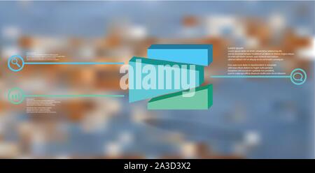 3D illustration infographic template. The embossed cube is randomly divided to three shifted color parts. Object is arranged on blurred photo. Lines w Stock Vector