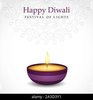 Happy diwali festival greeting card of traditional purple indian diya candle and gold lights. Stock Vector