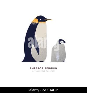 Emperor penguin illustration on isolated white background, endangered polar animal concept. Educational wildlife design with fauna species name label. Stock Vector