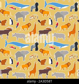 Animal seamless pattern of diverse wild animals cartoon icons for educational wildlife children design or endangered fauna background. Stock Vector