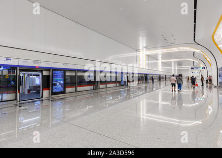 Beijing, China – September 30, 2019: MRT Metro Station at Beijing Daxing New International Airport (PKX) in China. Stock Photo